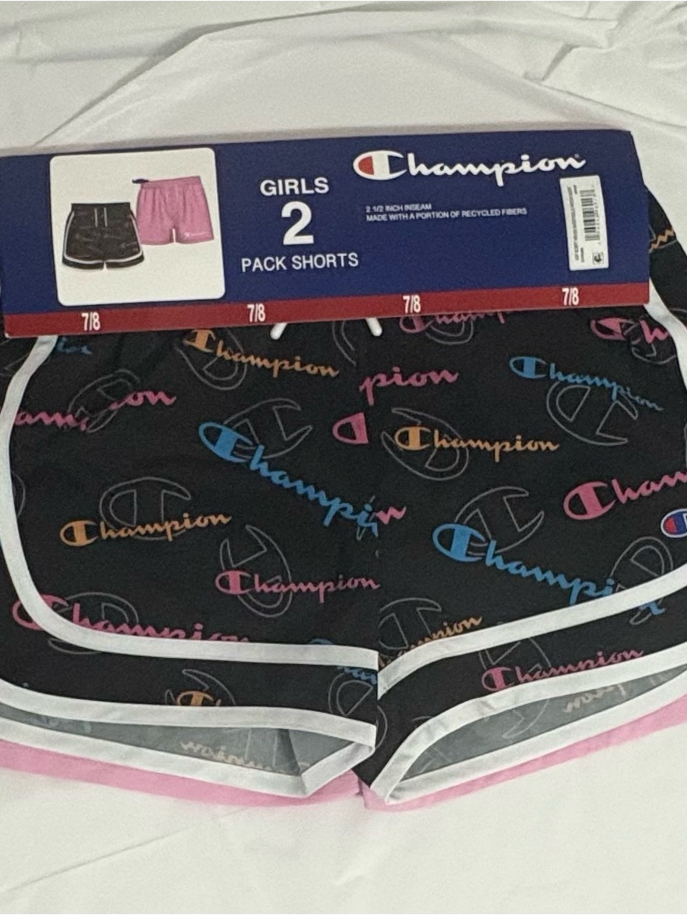 Champion Girls Black Shorts with Multicolor Logo Print